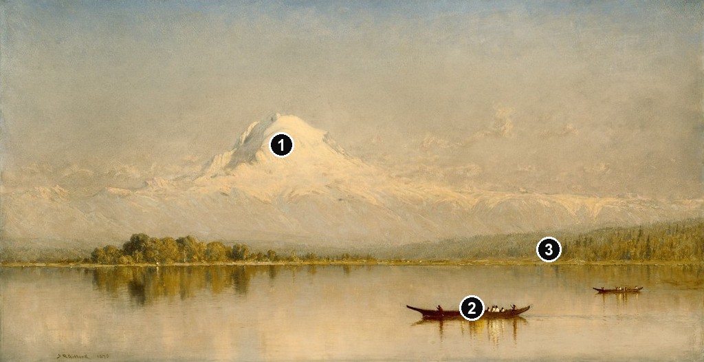 Annotated details from Mount Rainier, Bay of Tacoma—Puget Sound by Sanford Robinson Gifford